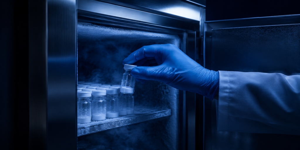 Researcher placing peptide vial into laboratory freezer for cold storage