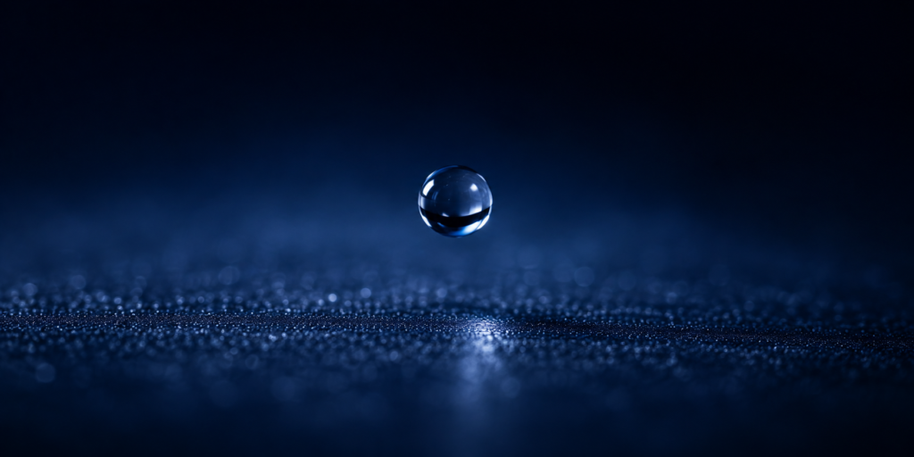 Crystal clear water droplet representing bacteriostatic water purity for peptide research